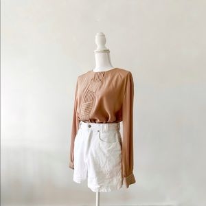 vintage warm sand pleated long sleeve blouse